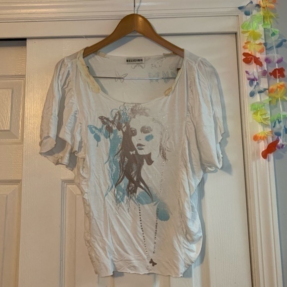 Religion White & Blue Silk Flowy Top Small - Picture 1 of 8